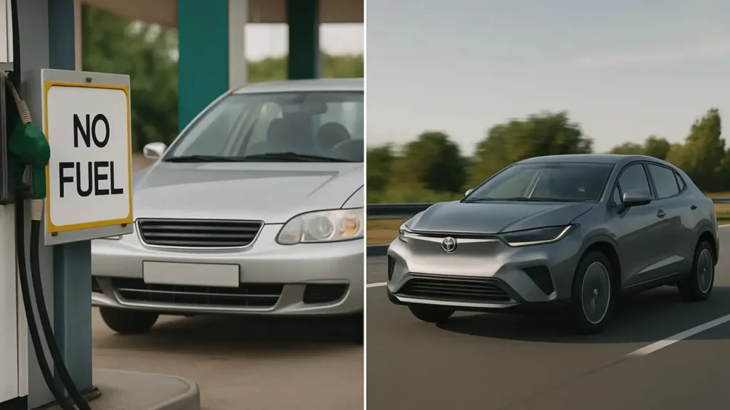 A 15 year old car unable to refuel due, symbolizing the new vehicle ban.