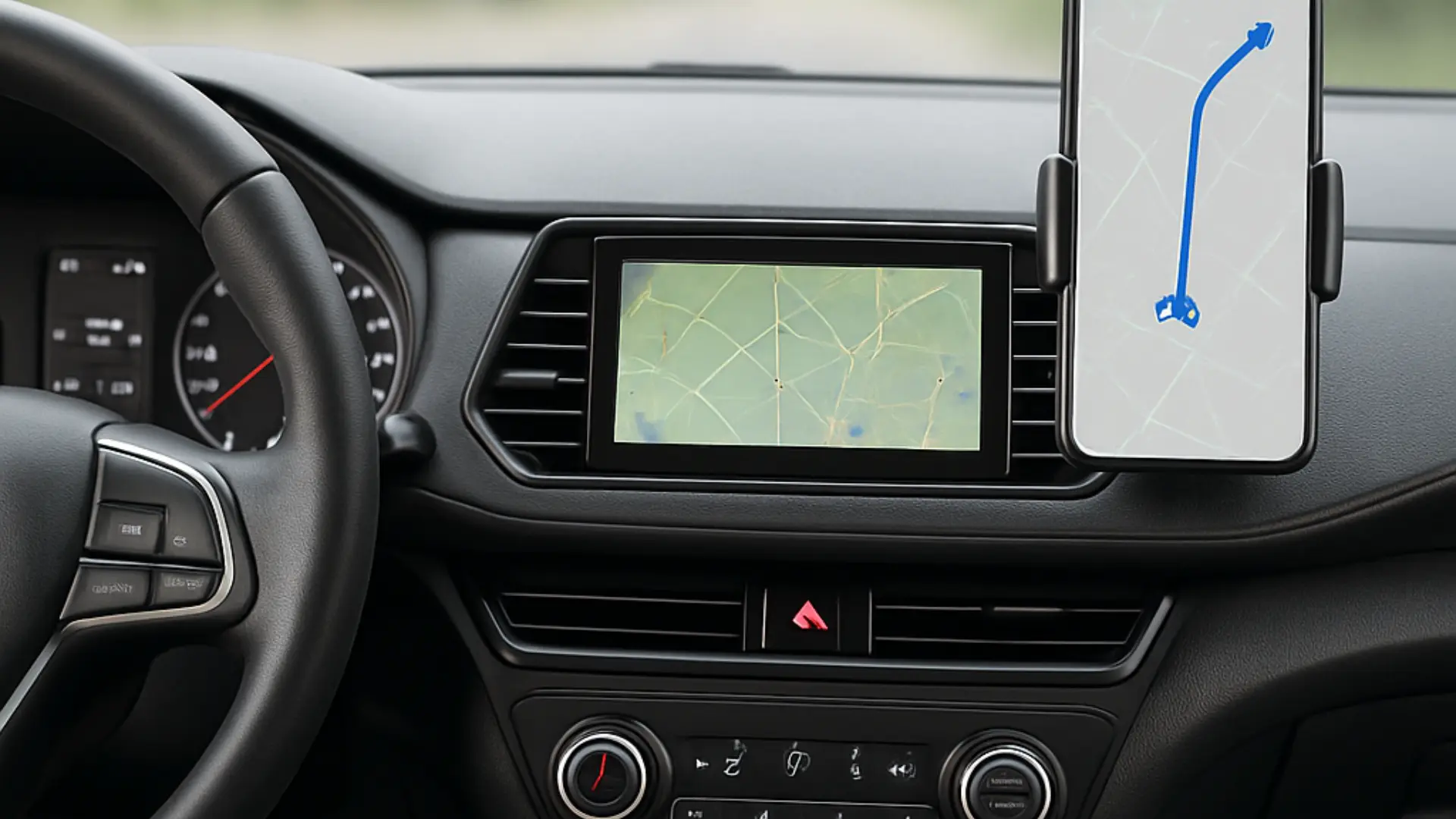 A dashboard with a dashcam and phone holder, among the must have car accessories for safety.