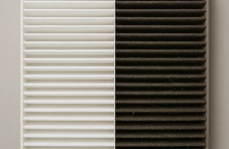 A comparison of a clean and dirty cabin air filter.