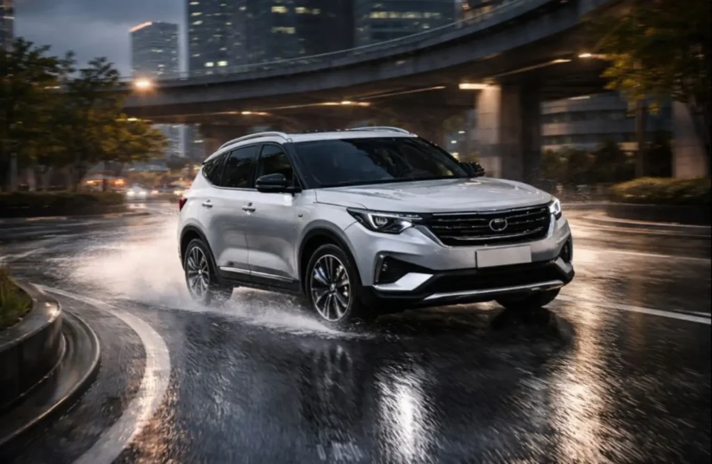 A vehicle maintaining stability on a wet city road, illustrating the active intervention of modern safety systems