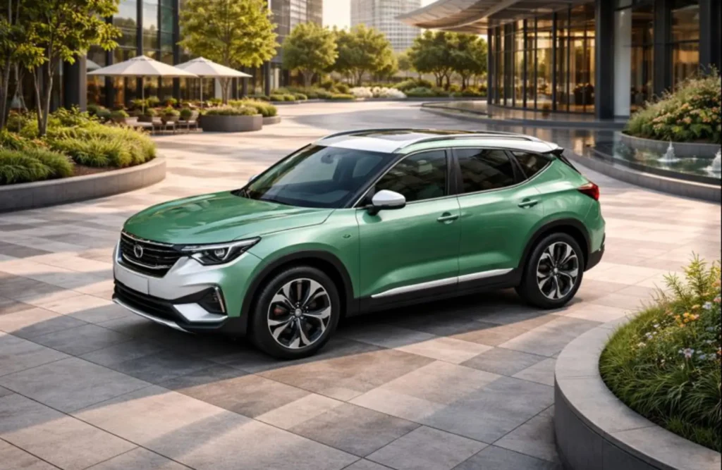 A leading electric SUV celebrating a historic sales milestone in a contemporary city setting.