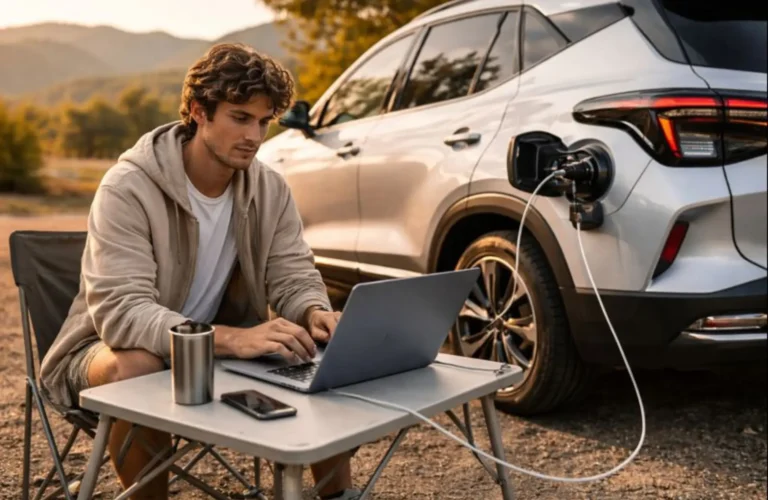 A professional using their electric vehicle as a power source for a remote office setup in a natural environment