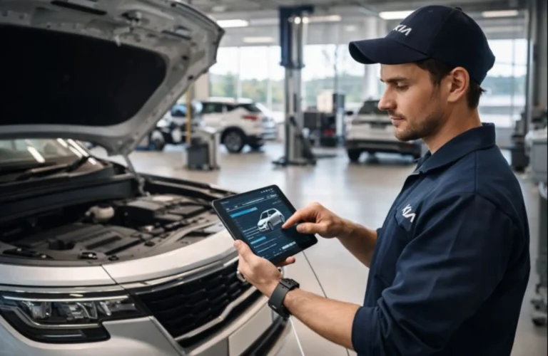 Automotive technician using advanced digital diagnostic tools to inspect a vehicle at a state-of-the-art service center