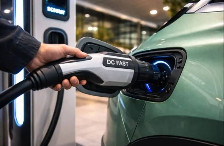 Fast-charging an electric SUV at a public station, highlighting the growing infrastructure for Tata Nexon Owners.