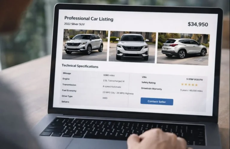 A professional digital listing for a pre-owned electric car on a popular resale platform.