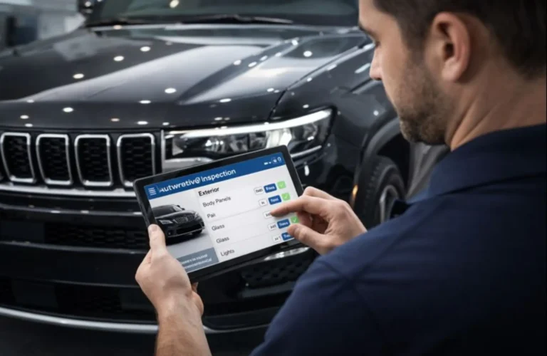 A comprehensive vehicle inspection being carried out by a professional for a digital sales platform