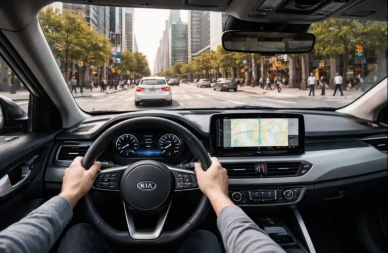 Elevated driver's view from an SUV cabin providing superior visibility over congested city traffic