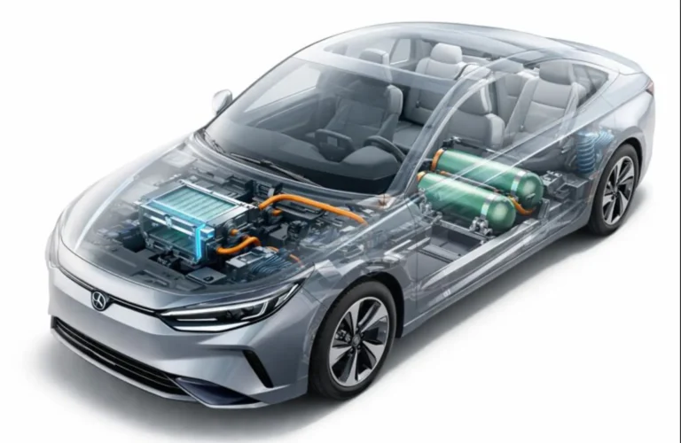 Technical cutaway of a fuel cell electric vehicle showing the internal layout of hydrogen tanks and the power unit.