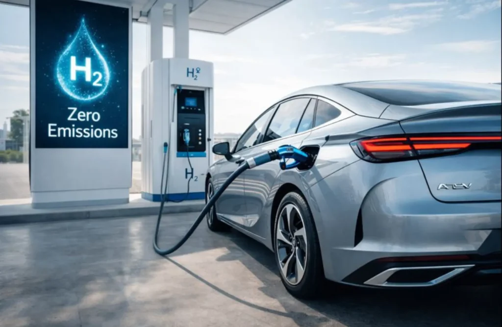 A premium hydrogen-powered car at a modern refueling station, highlighting the future of zero-emission mobility in India.