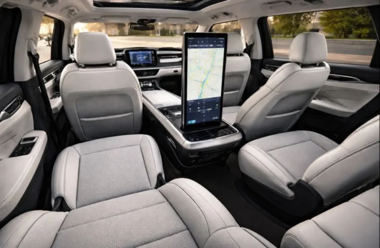 Spacious three-row interior of a modern electric Skoda SUV featuring a versatile seating layout and advanced digital controls