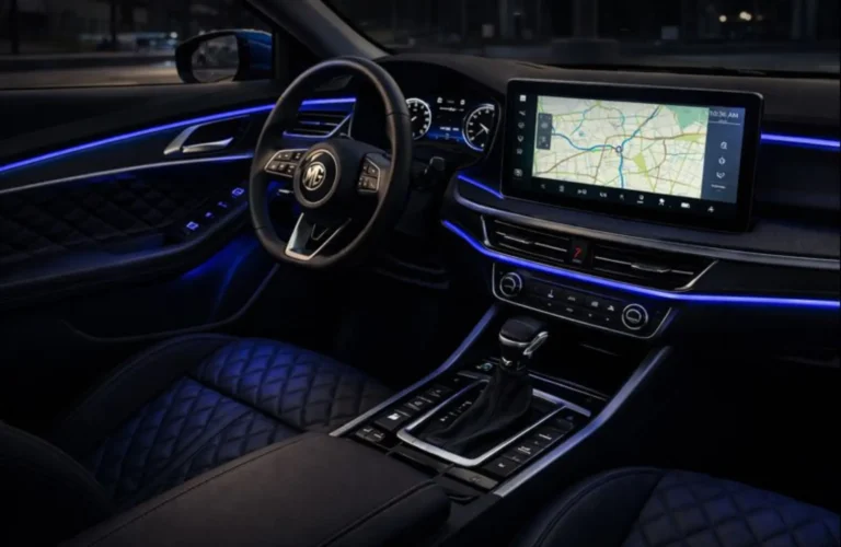 Advanced digital cockpit of a luxury vehicle featuring customizable ambient lighting and a wide infotainment screen