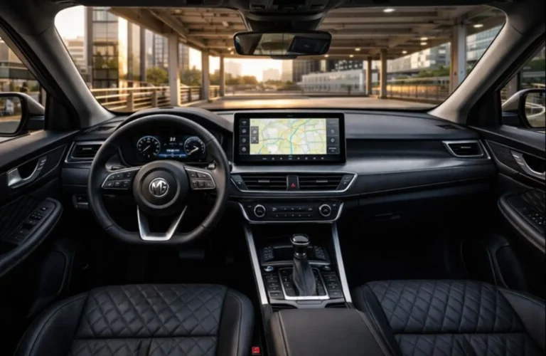 Modern luxury car cabin with a wide infotainment screen, digital cluster, and high-quality leather seating