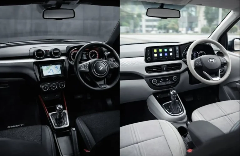 Comparison of the sporty black interior of the Swift and the premium, dual-tone cabin of the Grand i10 Nios