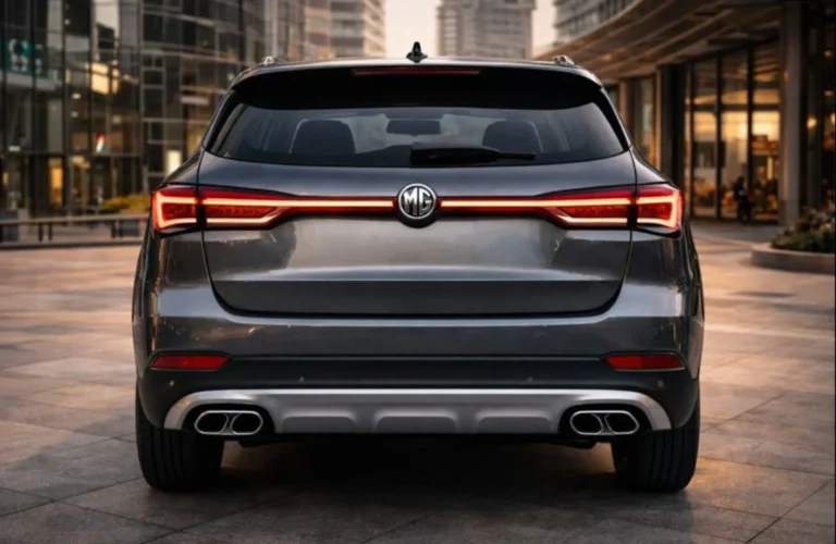 Rear profile of a modern SUV featuring an interconnected LED light bar and rugged skid plate design.