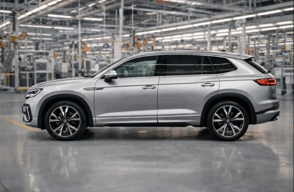 Side view of the newly assembled Volkswagen Tayron R-Line in India, showcasing its premium seven-seater dimensions and sporty R-Line trim.