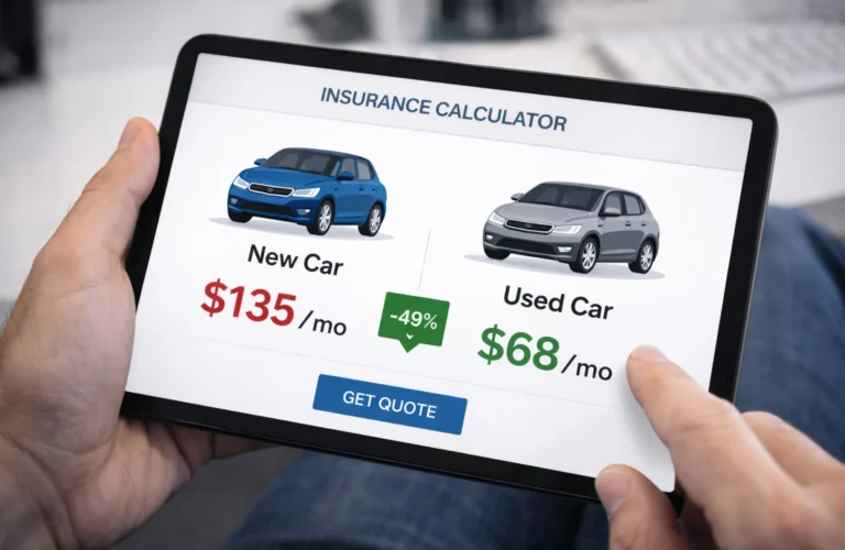 Comparing insurance costs for new and pre-owned vehicles on a digital interface.