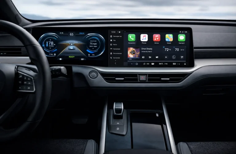 Futuristic interior of a premium SUV featuring a seamless dual-screen digital interface.