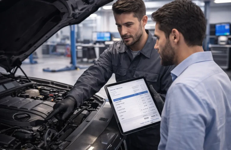 A service advisor explaining the details of a maintenance package to a car owner for better transparency.