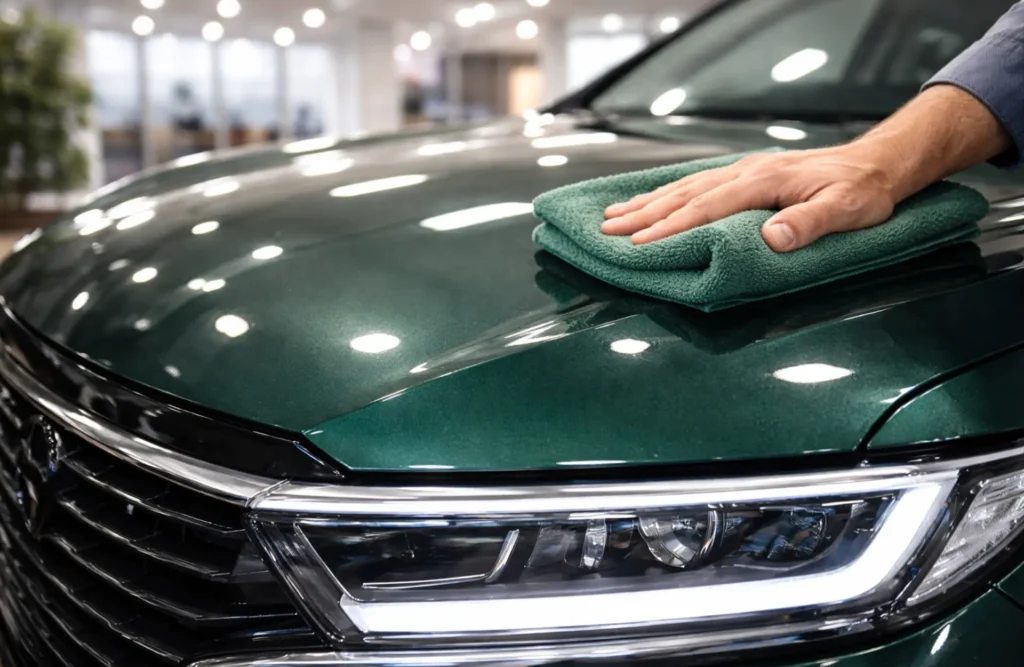 A premium SUV undergoing professional detailing to maximize its exterior appeal for a high-value resale.