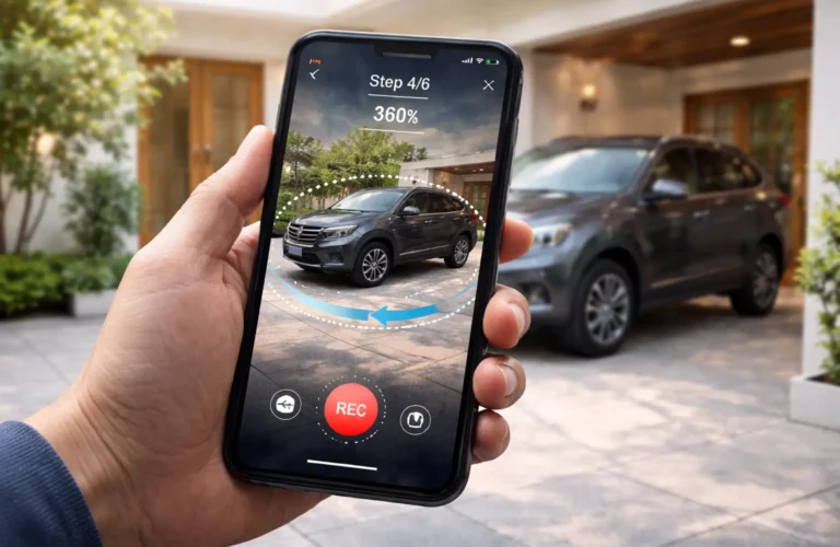 Using a mobile app to create a professional 360-degree digital tour of a car for an online listing.
