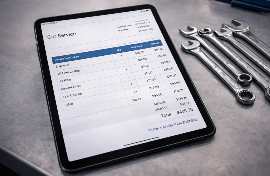 A transparent breakdown of car service charges on a digital screen, emphasizing bill clarity for vehicle owners.