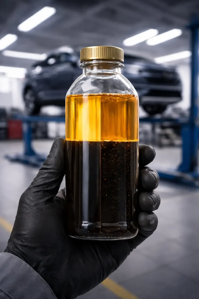 Comparing fresh vs. old engine oil to demonstrate the importance of regular oil changes.