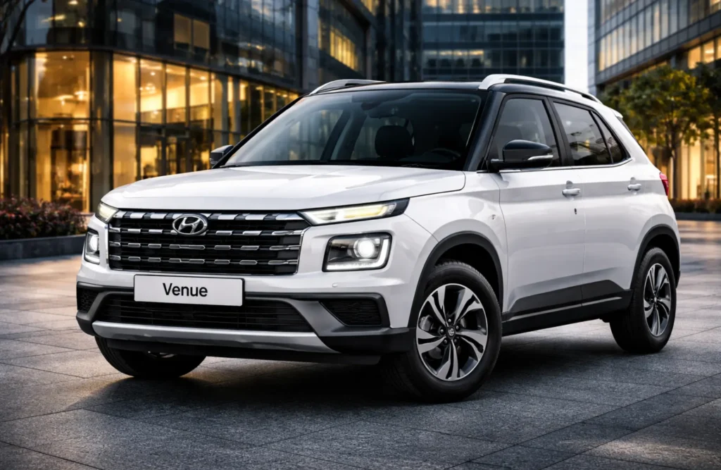 The updated Hyundai Venue compact SUV showcasing its bold front grille and sophisticated urban styling.
