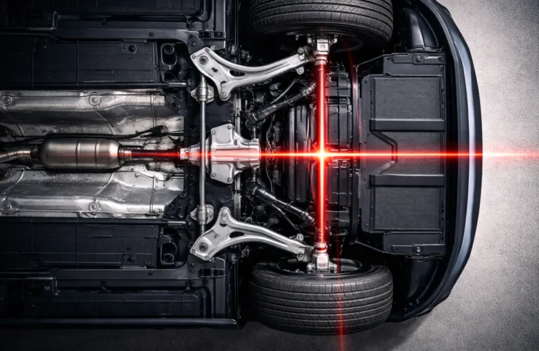 A precision 3D wheel alignment check underway, ensuring optimal handling and minimal tyre wear.