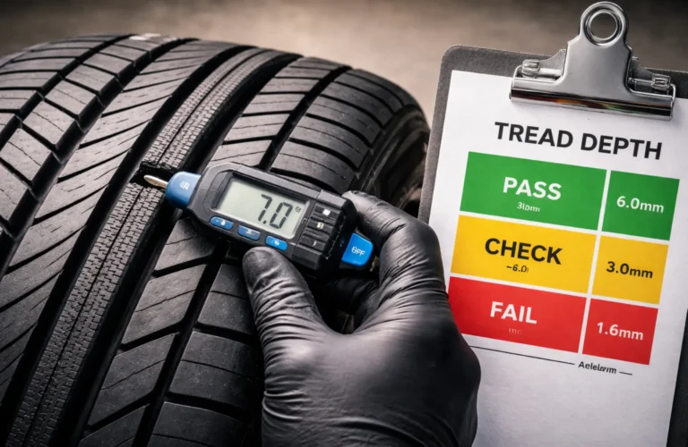 Accurately measuring tyre tread depth using a digital gauge to ensure safety and legality.