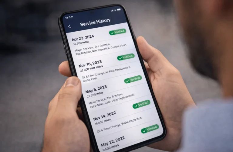 A smartphone displaying a verified digital service record, a key asset when selling a car online.