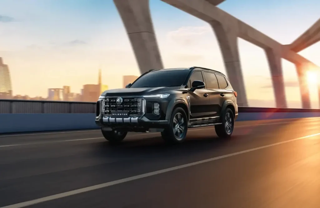 The upcoming MG Majestor full-size SUV making its debut in India, highlighting its premium design and bold stance.