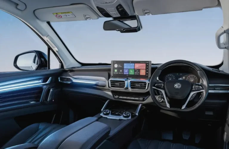 The tech-loaded interior of the upcoming MG Majestor SUV, featuring dual digital displays and a premium layout.
